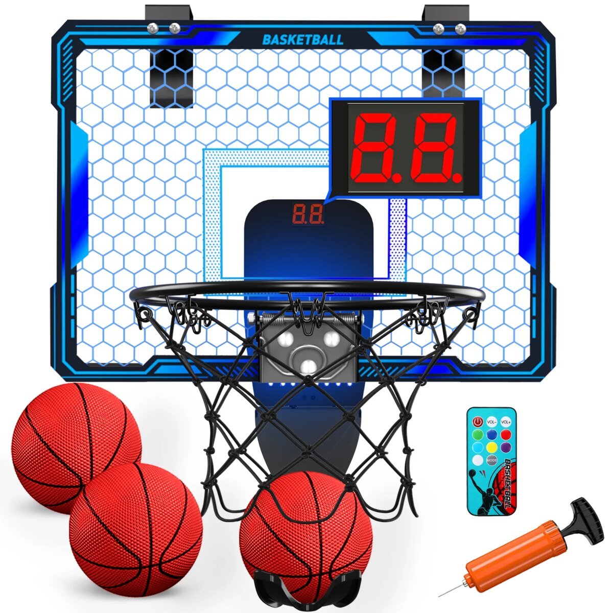 Remote Control Basketball Hoop Indoor with 7 LED Lighting, Over Door Basketball Hoop, Basketball Toys Gift for Kids, Adults - Image 1