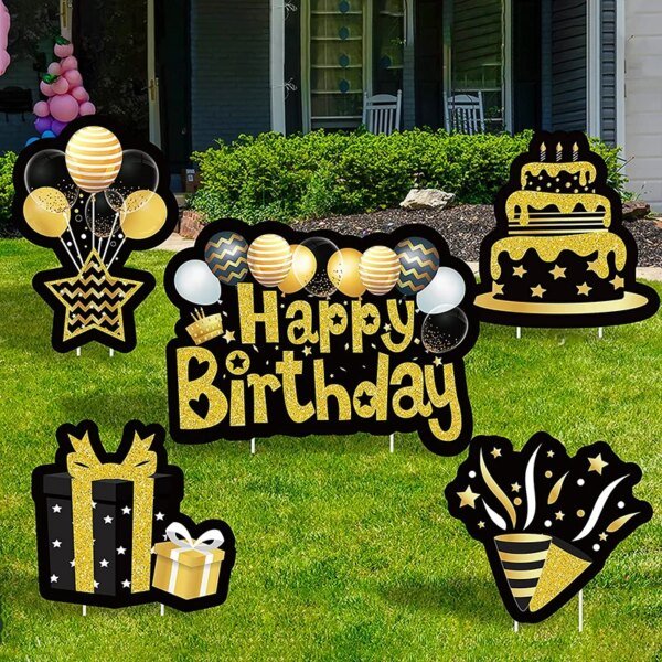 5Pcs Happy Birthday Yard Signs Black Gold Waterproof Lawn Garden Sign Outdoor Birthday Party Decoration Supplies Photo Props