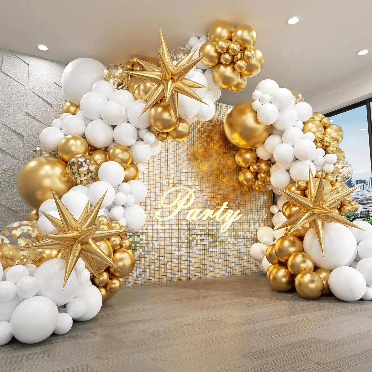 White and Gold Balloons Garland Arch Kit with Starburst Foil Balloon for Wedding Anniversary Birthday Party Decorations Supplie - Image 1