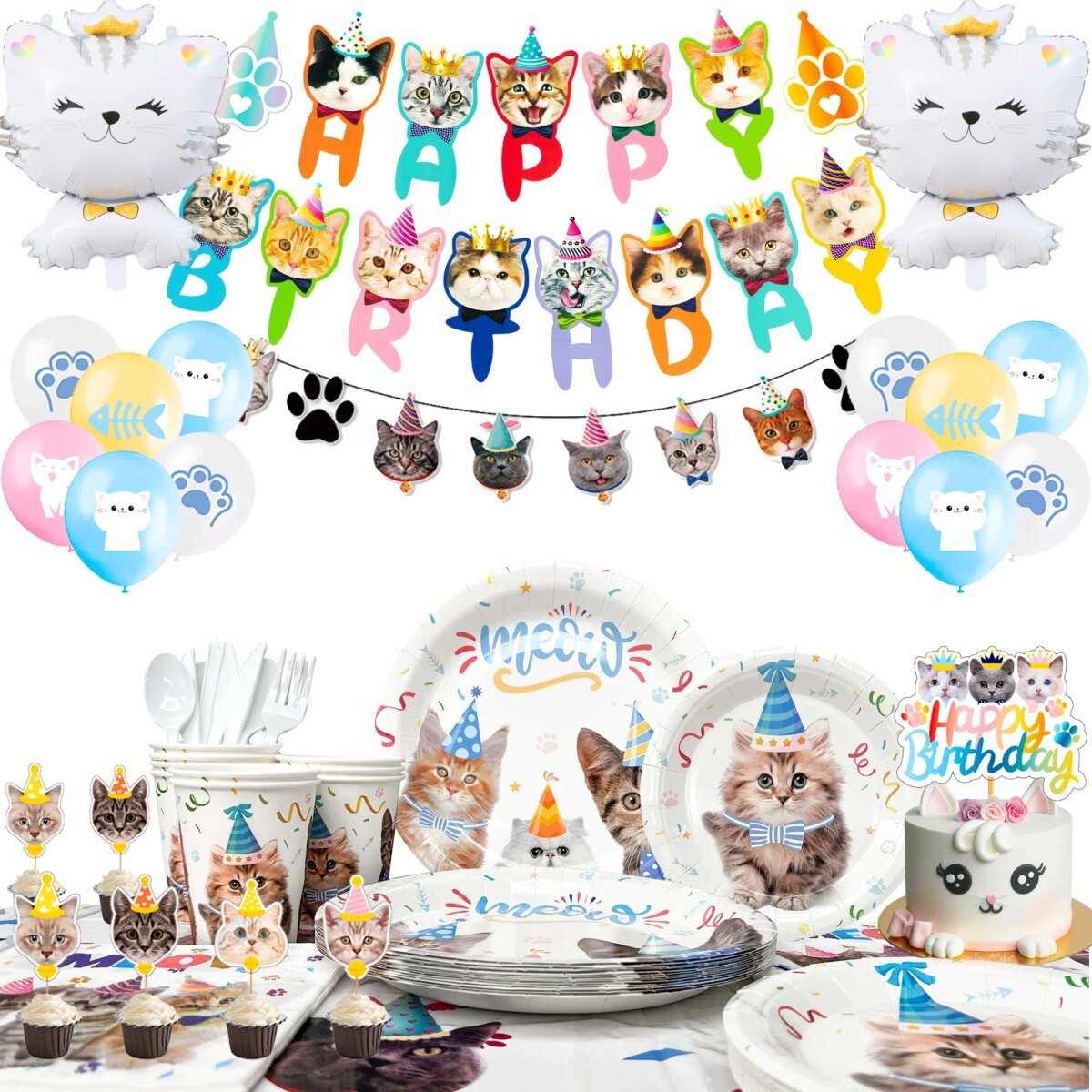 Cat Birthday Party Supplies,167pcs Birthday Decorations &Theme Tableware Set-Party Plates Napkins Tablecloth&Banner Balloons etc - Image 1