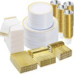 700 PCS Gold Dinnerware Set for 100 Guests, Plastic Dinnerware Set for Party, Include: 100 Gold Dinner Plates，100 Dessert Plates