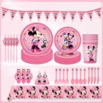 Minnie Themed Minnie Mouse Pink Birthday Party Decoration Flag Disposable Tableware Dinner Plate Scoop Forks Set Supplies