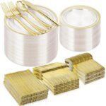 600PCS Clear Gold Plastic Plate Set (100 Guests), Plastic Plates for Party Wedding Birthday, Disposable Dinnerware