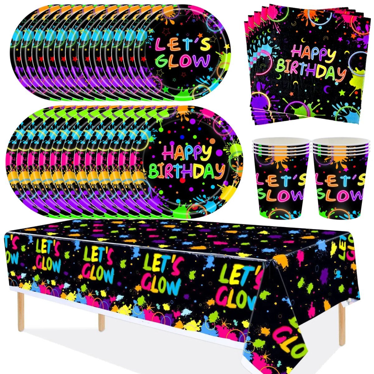 Neon Glowing Theme Party Disposable Tableware Tablecloth Happy Birthday Party Decoration Kids Boy Girl Paper Plates Cups Napkin - Image 1