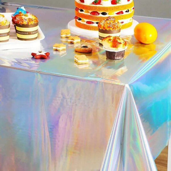 Iridescent Tablecloth, Party Table Cloths Disposable Plastic Table Covers, Iridescent Party Decorations Holographic Foil