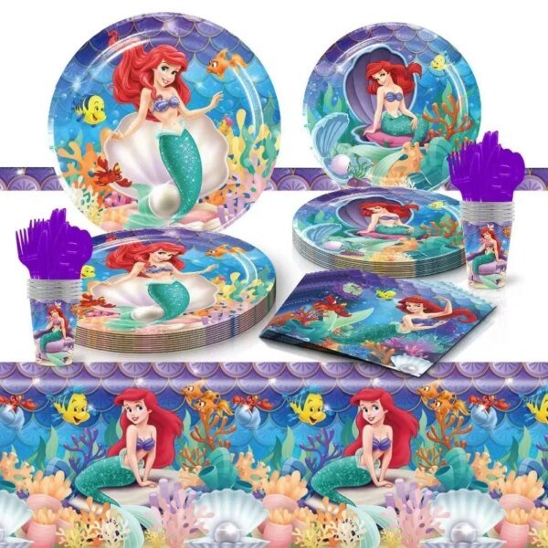 Disney Girl's birthday party Little Mermaid themed banner paper cup balloon tablecloth