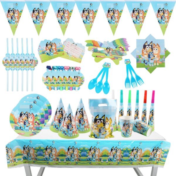Cartoon Bluey Bingo Dog Disposable Birthday Party Cutlery Balloon Set Decorative Baby Shower Cup Plate Background Paper Bag