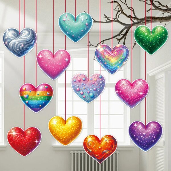 12 Pcs Valentine's Day Hanging Swirls Set Double-Sided Heart Spiral Pendant Ceiling Decor For Home Party Garden Yard