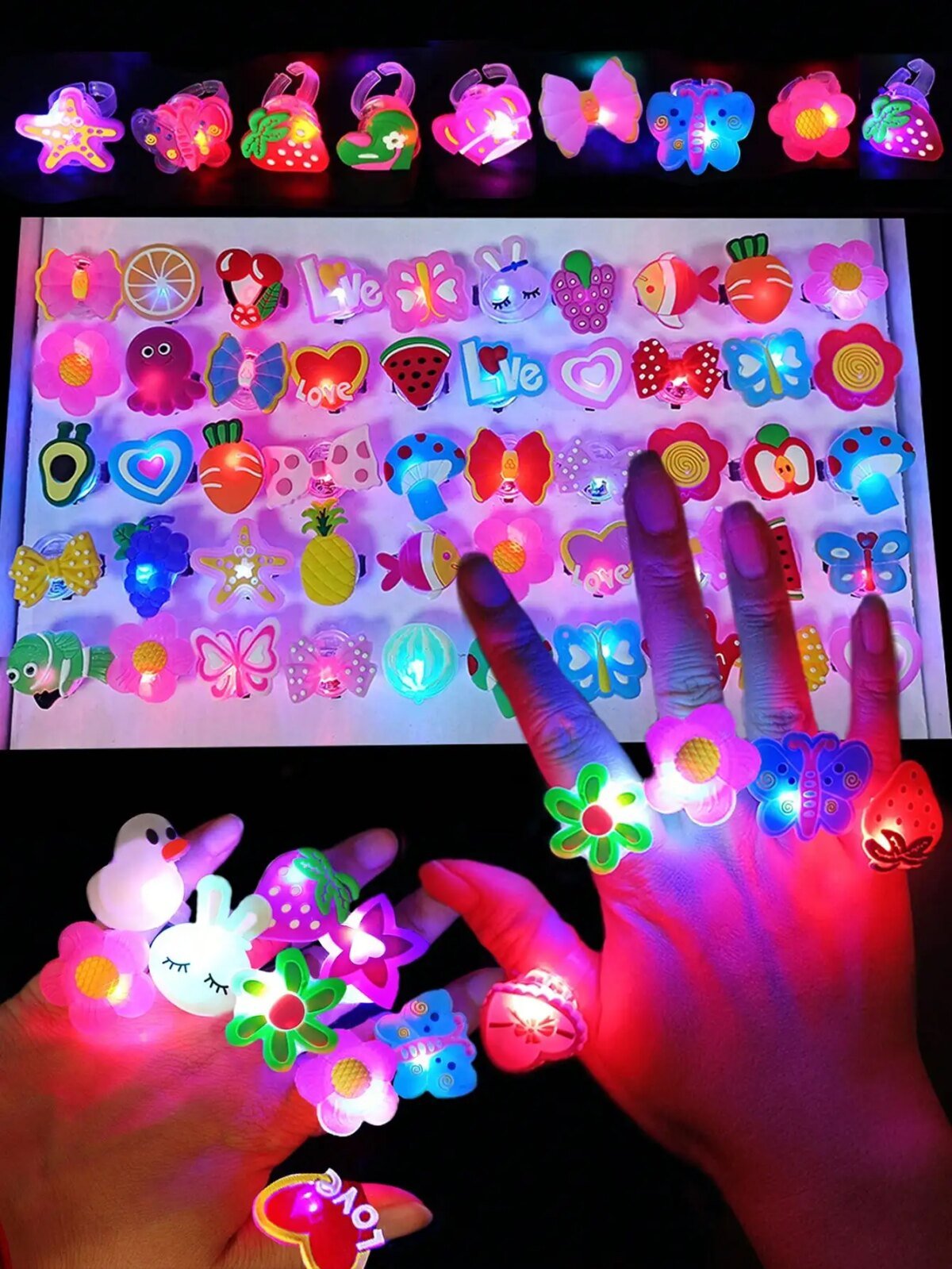 50pcs Cartoon LED Luminous Finger Rings Animal Flower Light Up Finger Ring Toys Glowing Rings Glow in The Dark Party Supplies - Image 1