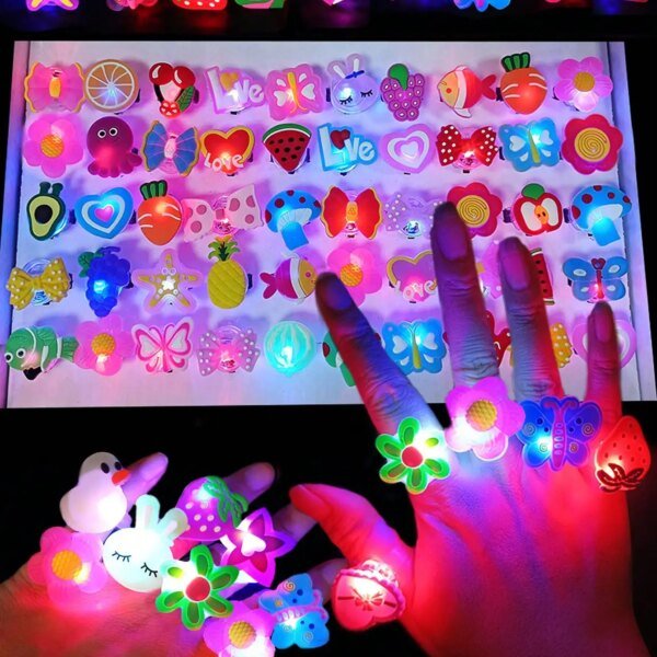 50pcs Cartoon LED Luminous Finger Rings Animal Flower Light Up Finger Ring Toys Glowing Rings Glow in The Dark Party Supplies