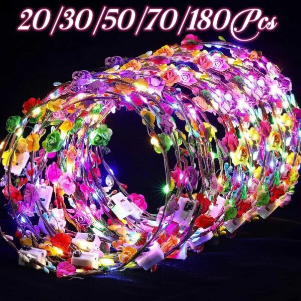 20/30/50/180Pcs Light up Flower Headband LED Flower Hair Crown Glowing Floral Wreath Crowns Birthday Wedding Party Favors