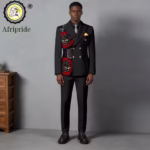 Men’s Double-Breasted African Print Slim Fit Suit – Kerchief Blazer & Pants 2-Piece Set (Wedding & Formal Dashiki Style)