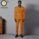 Men’s Double-Breasted African Print Slim Fit Suit – Kerchief Blazer & Pants 2-Piece Set (Wedding & Formal Dashiki Style)