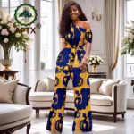 Women’s African Dashiki Print Skew Collar Jumpsuit – High-Waisted Cotton One-Piece Statement Outfit