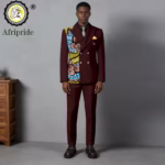 Men’s Double-Breasted African Print Slim Fit Suit – Kerchief Blazer & Pants 2-Piece Set (Wedding & Formal Dashiki Style)