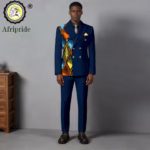 Men’s Double-Breasted African Print Slim Fit Suit – Kerchief Blazer & Pants 2-Piece Set (Wedding & Formal Dashiki Style)