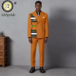 Men’s Double-Breasted African Print Slim Fit Suit – Kerchief Blazer & Pants 2-Piece Set (Wedding & Formal Dashiki Style)